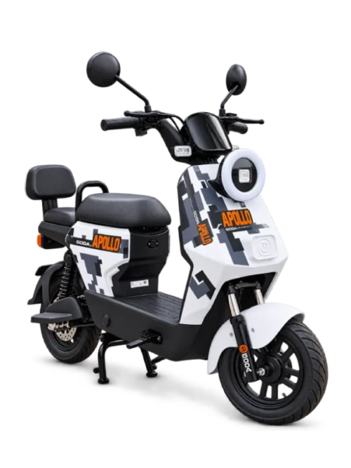 Goda Apollo GD118S merah hitam sepeda listrik modern dengan lampu LED bulat, jok belakang sandaran, dan desain compact.