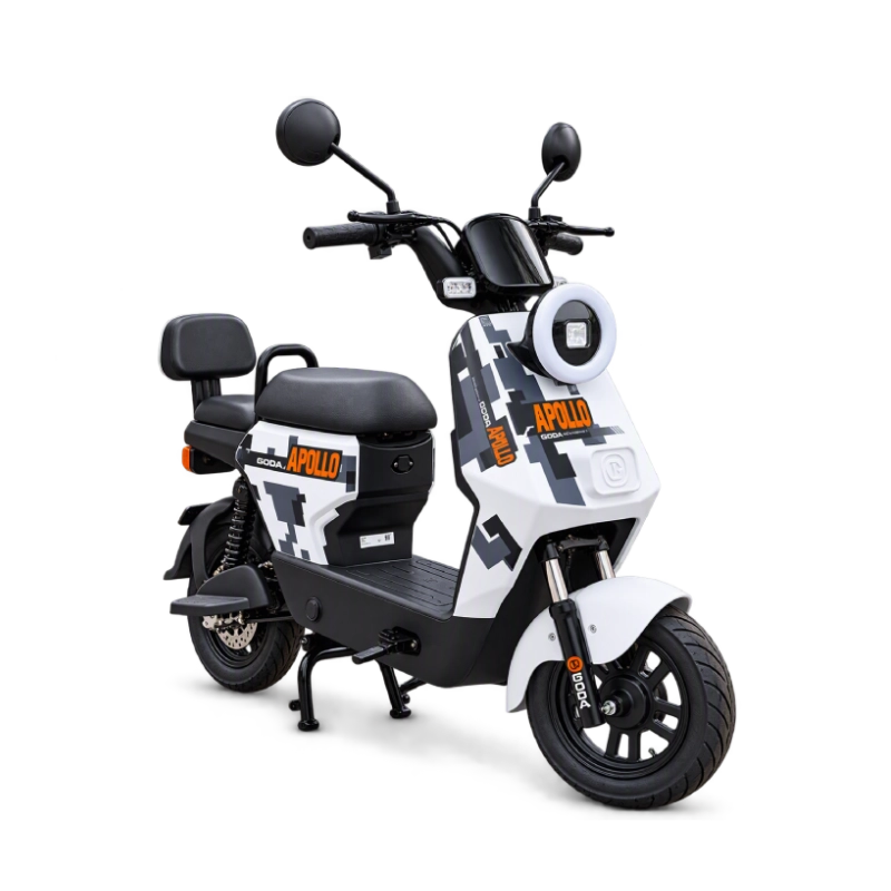 Goda Apollo GD118S merah hitam sepeda listrik modern dengan lampu LED bulat, jok belakang sandaran, dan desain compact.