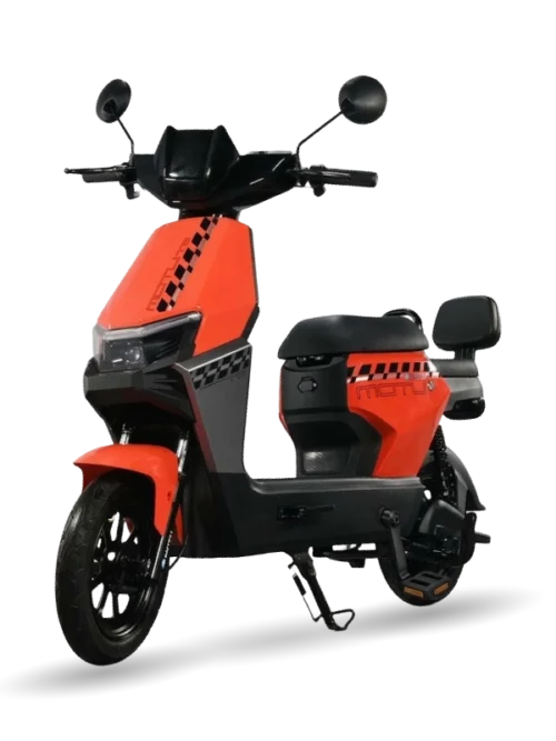 MOTU T3 sepeda listrik modern warna merah dengan desain sporty, motor 600W, baterai 48V 12Ah, dan jok belakang bersandaran.