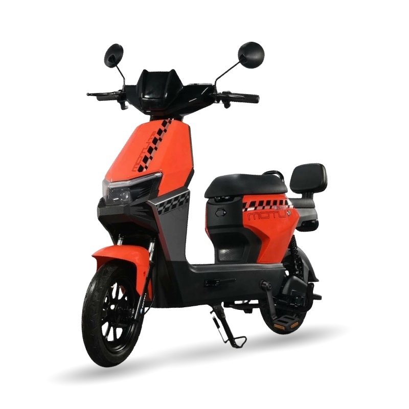 MOTU T3 sepeda listrik modern warna merah dengan desain sporty, motor 600W, baterai 48V 12Ah, dan jok belakang bersandaran.